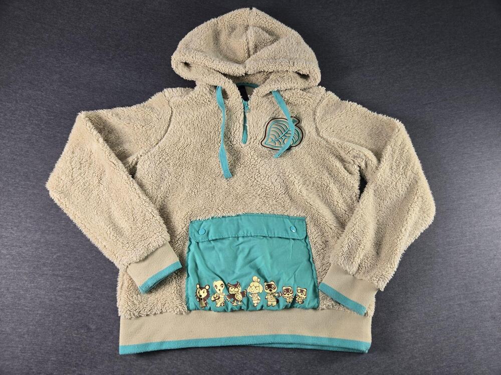 BoxLunch Hoodie Sweatshirt Womens Large Beige Animal Crossing Fleece 1/4 Zip